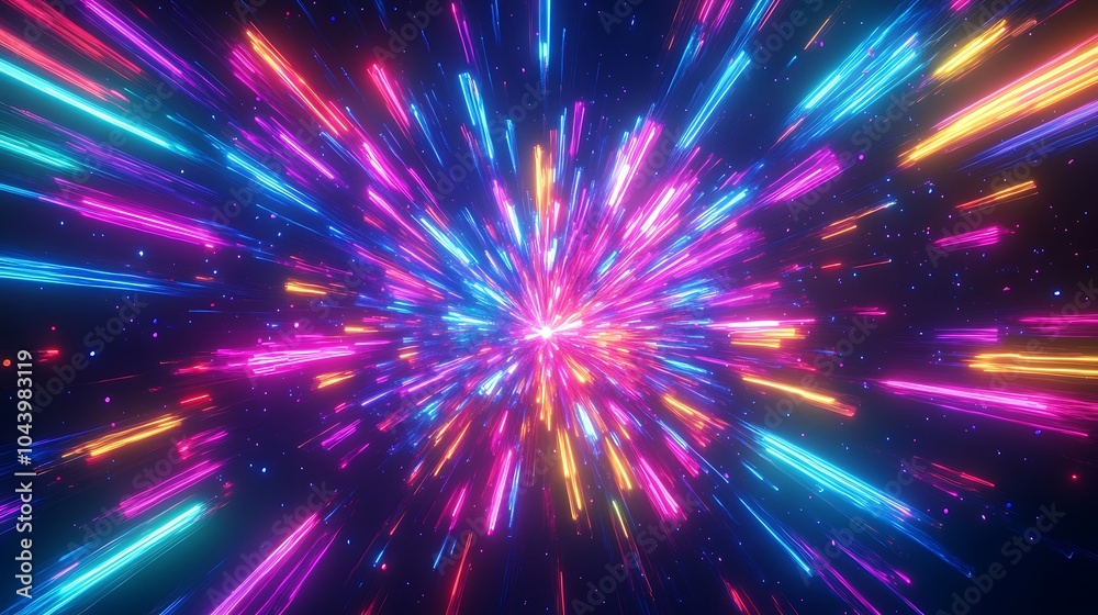 Radiating Neon Light Burst, futuristic flashes, Motion lights, Colorful Streaks on Dark Background Radiating Neon Light Burst, futuristic flashes, Motion lights, Colorful Streaks on Dark Background