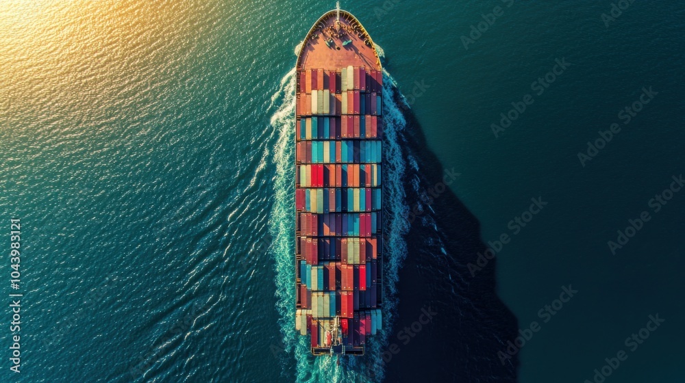 Modern container ship, packed with cargo, approaching a distant shore Modern container ship, packed with cargo, approaching a distant shore