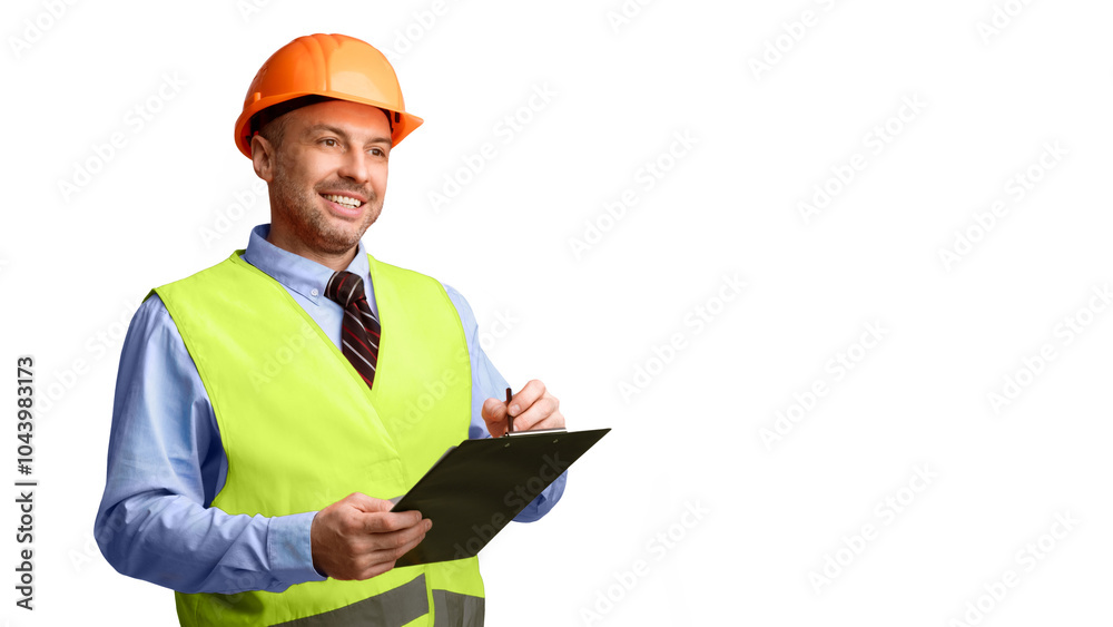 Builder Workman Standing Holding Folder Taking Notes Looking Aside At Copy Space Posing Over White Studio Background. Building Documentation, Housebuilding Service Advert Concept. Panorama Builder Workman Standing Holding Folder Taking Notes Looking Aside At Copy Space Posing Over White Studio Background. Building Documentation, Housebuilding Service Advert Concept. Panorama