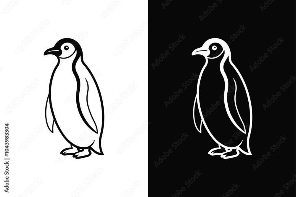 Obraz premium Penguin vector isolated icon illustration. Black penguin silhouette, line art icon, vector illustration on white background.