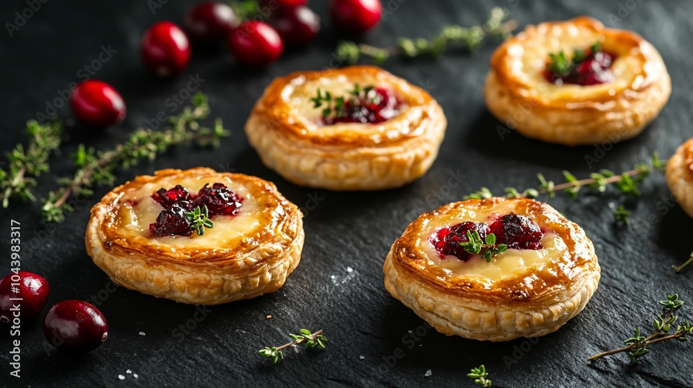 Mini puff pastry pies with cranberry and brie, isolated on a dark granite background, surrounded by fresh cranberries and thyme sprigs Mini puff pastry pies with cranberry and brie, isolated on a dark granite background, surrounded by fresh cranberries and thyme sprigs