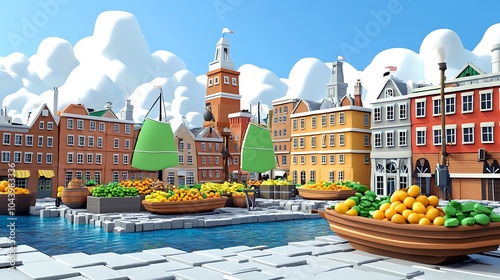 Cartoon Town Square Market with Boats and Fruits. photo