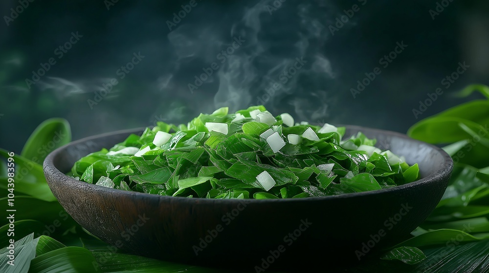 Steaming green leaves in a wooden bowl surrounded by greenery. Steaming green leaves in a wooden bowl surrounded by greenery.