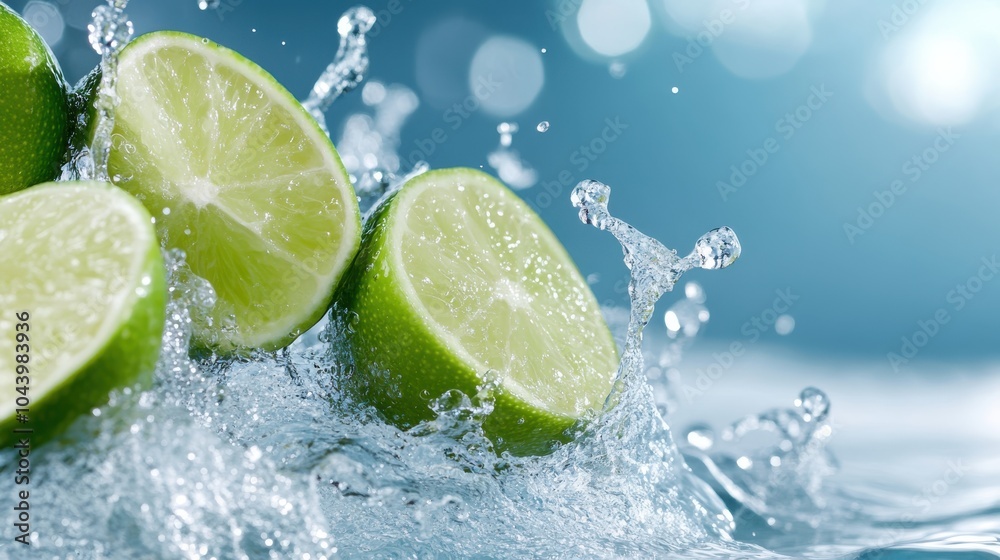Sliced limes splash into clear, refreshing water, with droplets and waves capturing a dynamic, energizing and invigorating summer freshness effect. Sliced limes splash into clear, refreshing water, with droplets and waves capturing a dynamic, energizing and invigorating summer freshness effect.