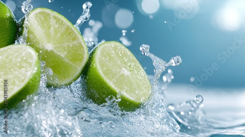 Sliced limes splash into clear, refreshing water, with droplets and waves capturing a dynamic, energizing and invigorating summer freshness effect.