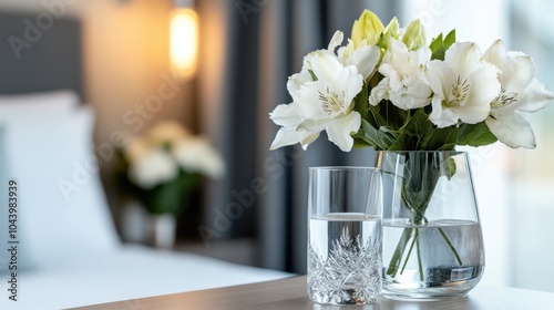 A minimalist bedroom setting featuring a clear glass vase filled with elegant white flowers on a bedside table, capturing simplicity and elegance in floral decor style. photo