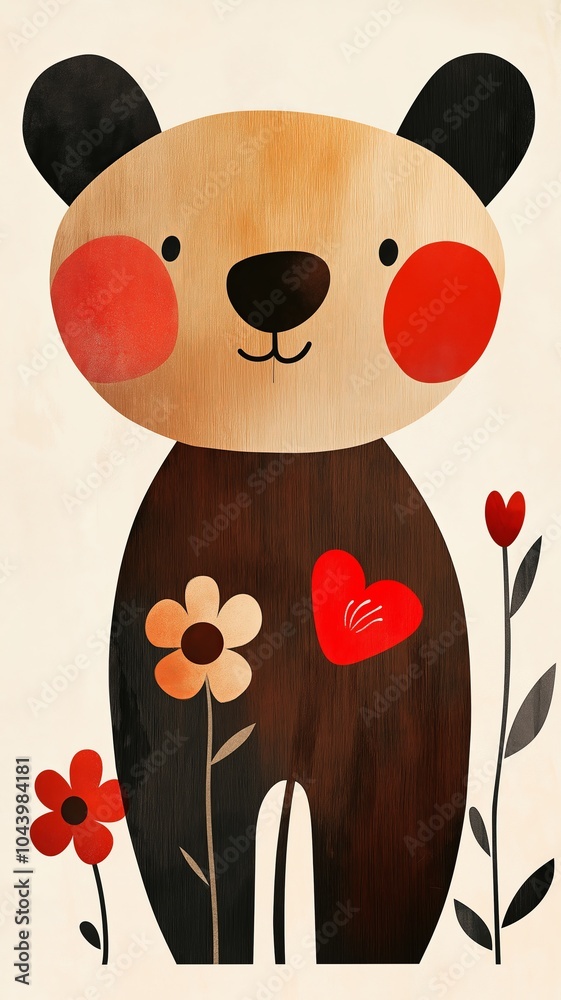 Fototapeta premium A cheerful brown bear with red cheeks and a heart, standing among flowers.