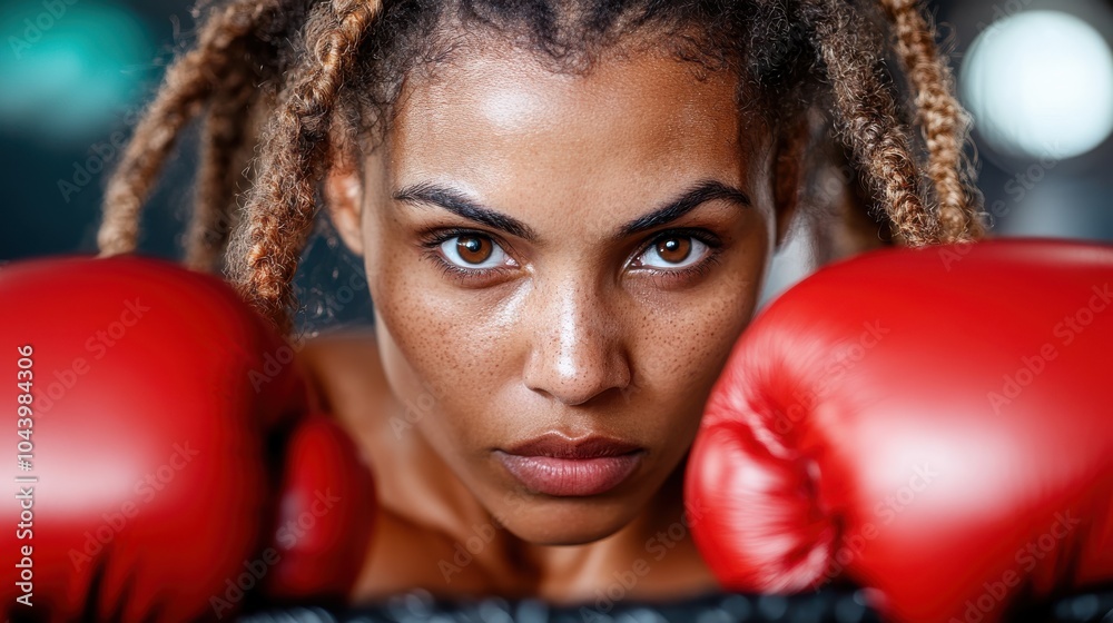 A determined female boxer with braided hair peers intently into the camera while wearing red gloves, embodying strength, focus, and the spirit of fighting. A determined female boxer with braided hair peers intently into the camera while wearing red gloves, embodying strength, focus, and the spirit of fighting.
