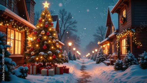 New year and Christmas winter night street with snow fall and Christmas tree.