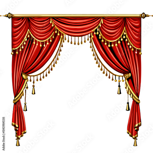 Luxury red curtains in victorian style, with drapery, tied with golden cord (12)