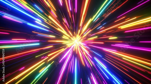 Radiating Neon Light Burst, futuristic flashes, Motion lights,  Colorful Streaks on Dark Background