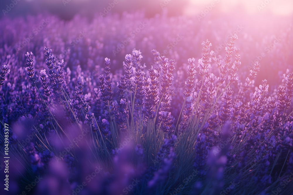 Obraz premium Lavendelfelder in Südfrankreich, Unendliche Lavendelfelder in der Provence, Lavendelblüte im goldenen Sonnenlicht mit Lichtstimmung und feinem Bokeh