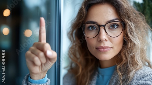 A woman with curly hair and glasses points confidently towards a window, symbolizing inquisitiveness and determination, framed by a blurred interior environment. photo