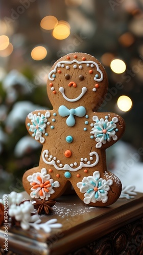 Gingerbread Man Decorated With Icing Stands Against a Festive Background of Greenery and Lights