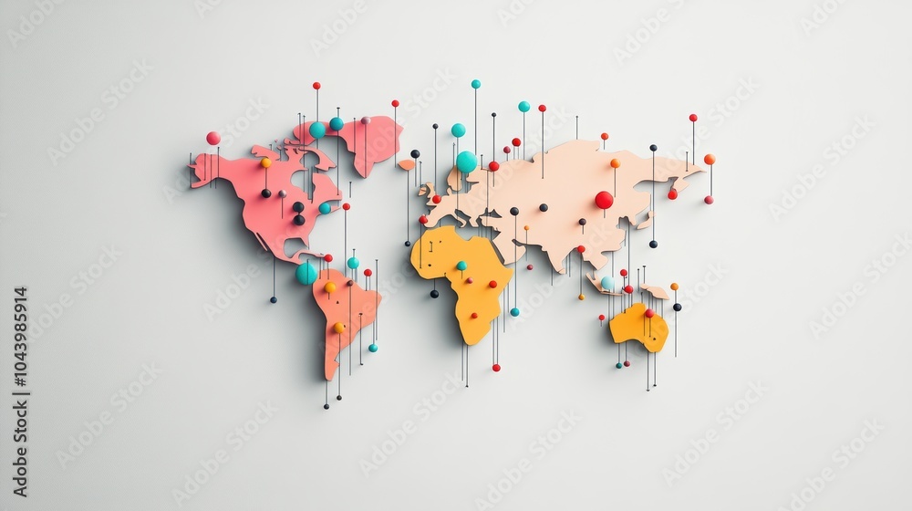 Fototapeta premium A map of the world with different colored pins representing business locations.