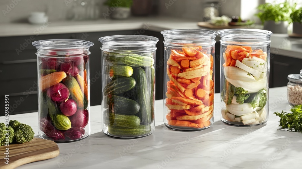 Pickled vegetables in glass jars displayed on a white marble kitchen counter, with colorful ingredients floating inside. Pickled vegetables in glass jars displayed on a white marble kitchen counter, with colorful ingredients floating inside.