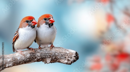 Two colorful finches, with vivid contrasting feathers, sit side by side on a perch against a vibrant backdrop, exuding vibrant life and artistic bird aesthetics. photo