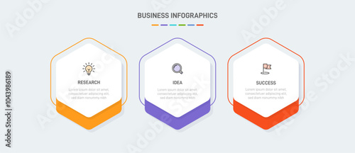 3 clean infographic design shaped elements template, symbolizing the three stages of business strategy and progression. Progress bar or timeline. Vector for presentation, web site or app.