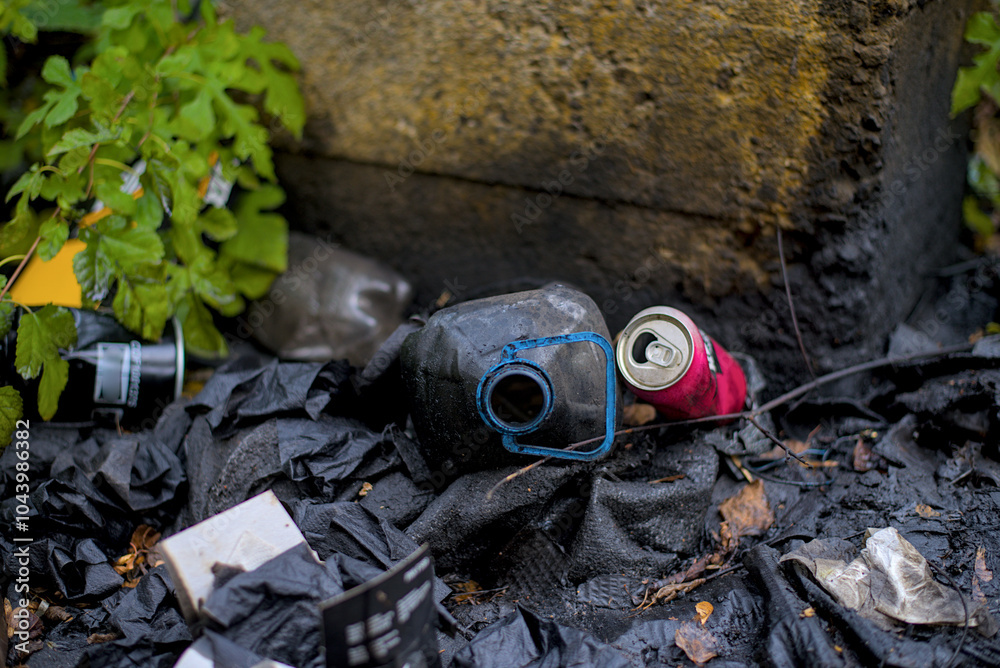 Plastic waste covered with used oil