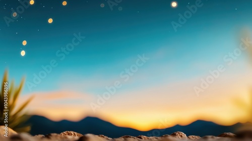 A tranquil desert landscape at dusk with the sky gradually transitioning to night, adorned by twinkling stars and isolated rock formations in the distance. photo