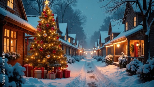 Wallpaper Mural New year and Christmas winter night street with snow fall and Christmas tree. Torontodigital.ca