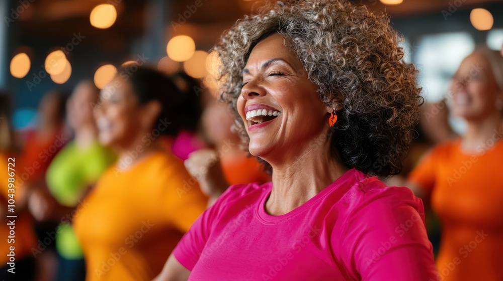 A lively group exercise class featuring joyful seniors, highlighting a smiling woman in pink. Diverse and energetic, they embrace fitness and community spirit. A lively group exercise class featuring joyful seniors, highlighting a smiling woman in pink. Diverse and energetic, they embrace fitness and community spirit.