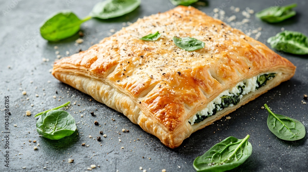 Puff pastry with ricotta and spinach filling, isolated on a gray stone surface, garnished with fresh spinach leaves and a sprinkle of Parmesan Puff pastry with ricotta and spinach filling, isolated on a gray stone surface, garnished with fresh spinach leaves and a sprinkle of Parmesan