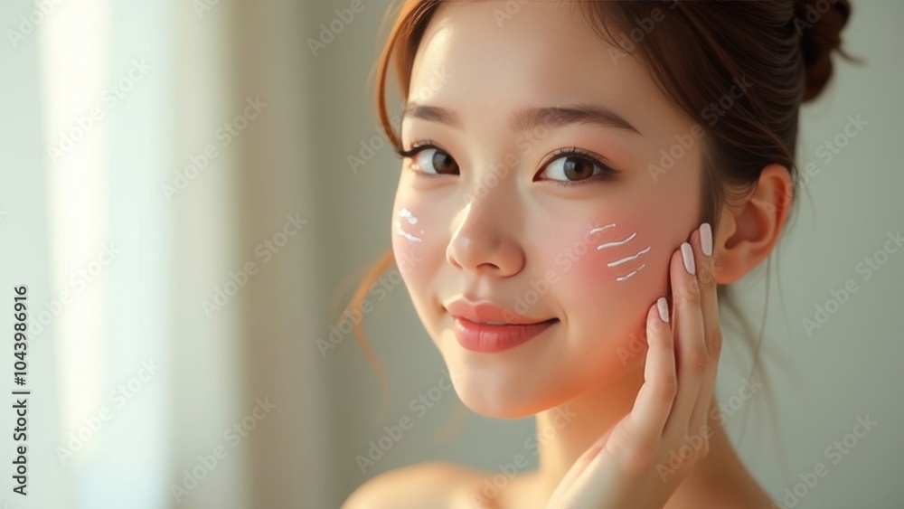 Well-groomed young Asian woman with moisturized facial skin with cream (scrub) on her face. Place for text. Advertising space Well-groomed young Asian woman with moisturized facial skin with cream (scrub) on her face. Place for text. Advertising space