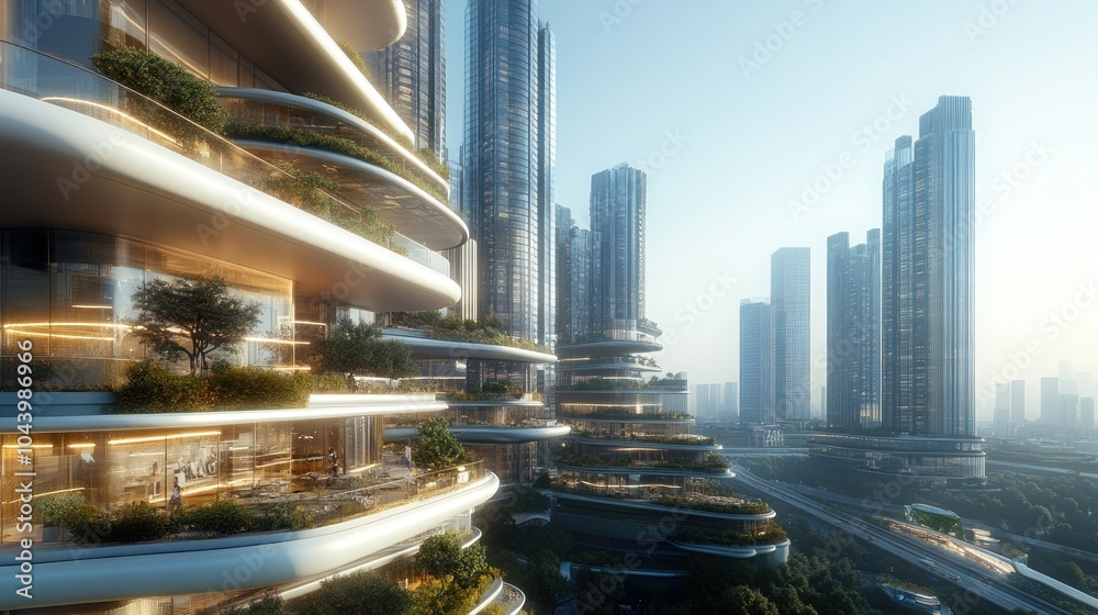 Fototapeta premium Futuristic urban architecture featuring green terraces and high-rise buildings.