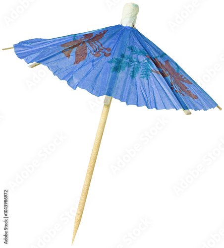 Blue cocktail umbrella isolated. Mini decorative paper umbrella, perfect for drink decoration or party themes. photo