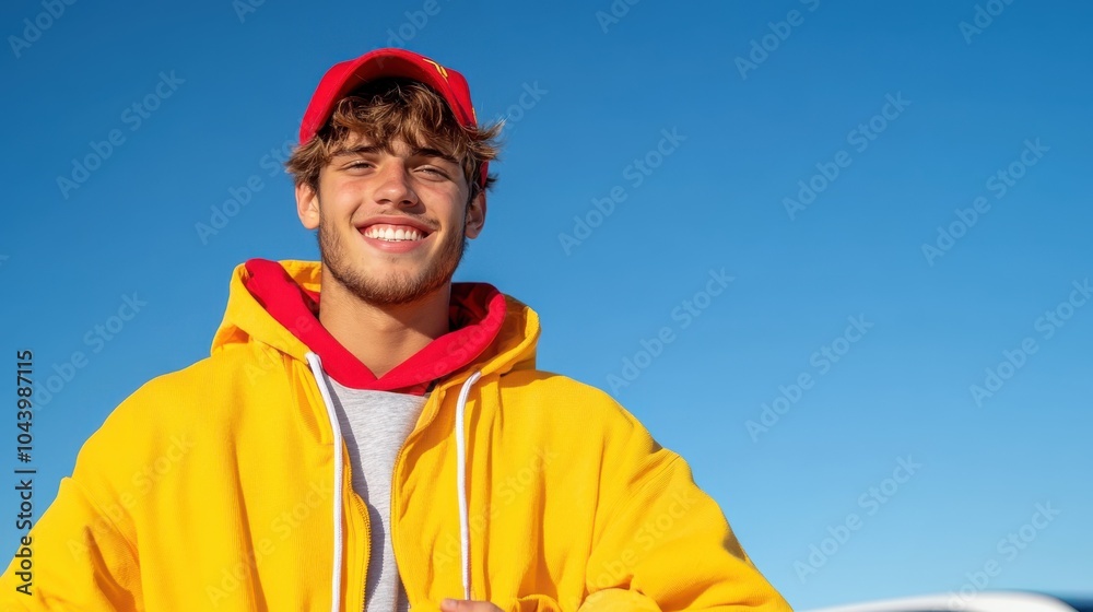 Sporting a red cap and orange hoodie, this young man displays a charming smile under a blue sky, embodying spirited youthful fashion with vibrant expression. Sporting a red cap and orange hoodie, this young man displays a charming smile under a blue sky, embodying spirited youthful fashion with vibrant expression.