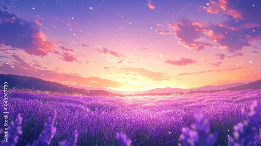 A breathtaking sunset over a field of purple lavender, with mountains in the background. The sky is ablaze with color, and the air is filled with a soft, golden light.
