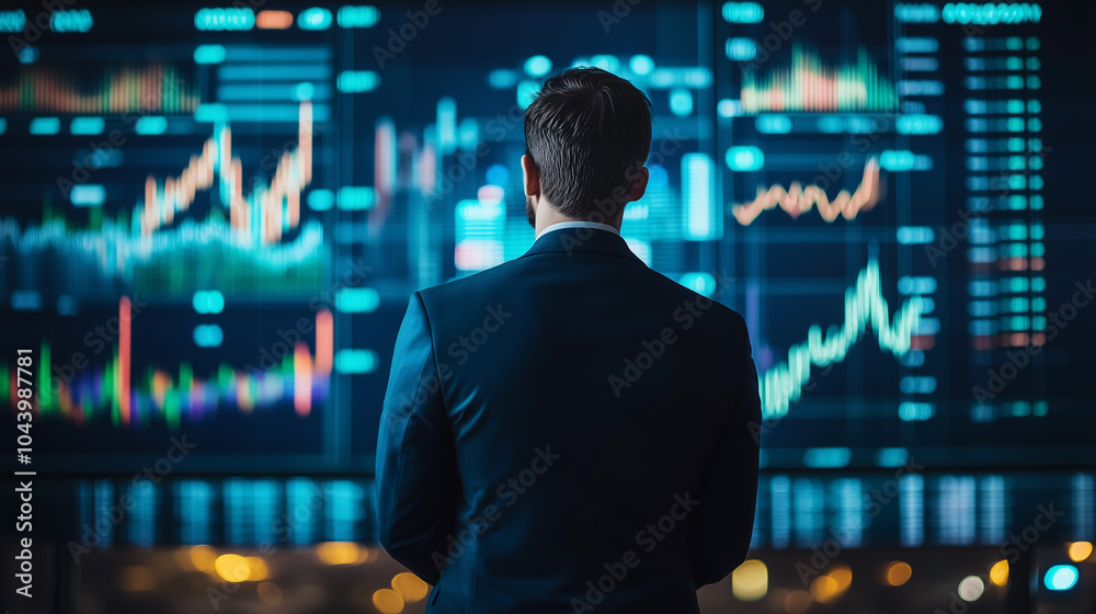 A trader closely monitors multiple digital screens displaying stock data and market trends. A trader closely monitors multiple digital screens displaying stock data and market trends.