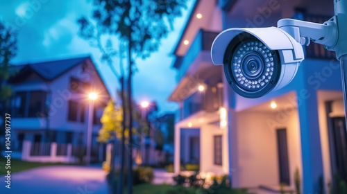 A security camera monitors a residential area at night, capturing surrounding homes under soft lighting for enhanced safety. photo