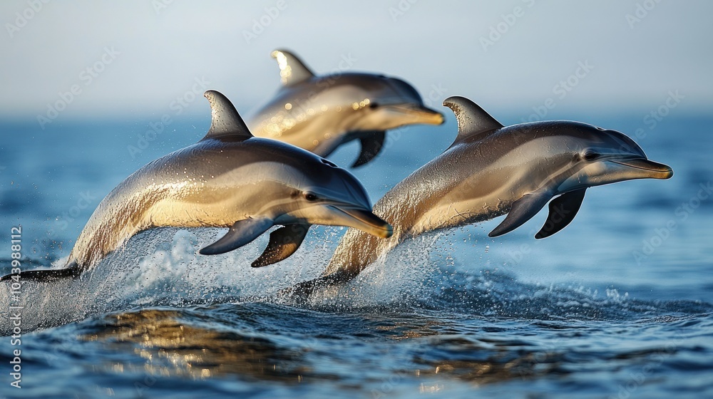 Obraz premium Three dolphins leaping out of the water in unison.