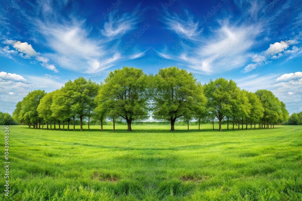 Obraz premium Scenic grassy field with trees and blue sky