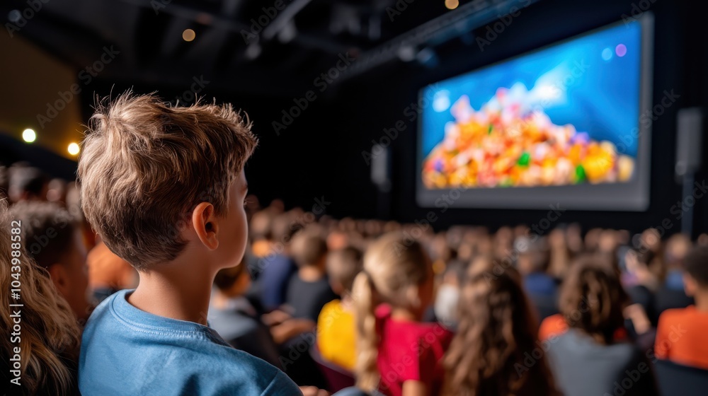 A young boy, absorbed in the scene, watches a colorful animated display on a large screen surrounded by other viewers in a dimly lit theater setting. A young boy, absorbed in the scene, watches a colorful animated display on a large screen surrounded by other viewers in a dimly lit theater setting.