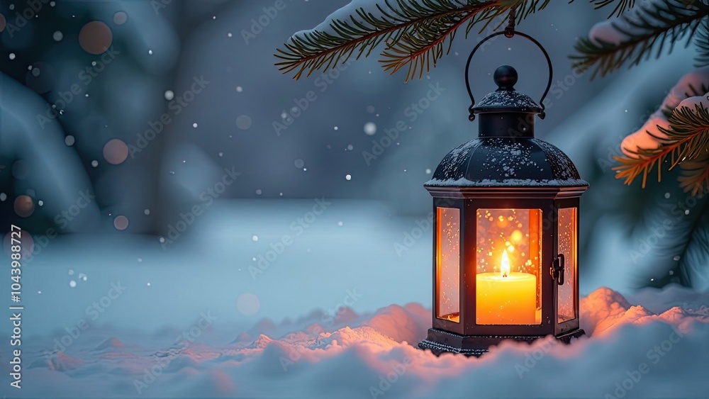 Burning lantern at Christmas time in a cold winter evening with golden bokeh Burning lantern at Christmas time in a cold winter evening with golden bokeh