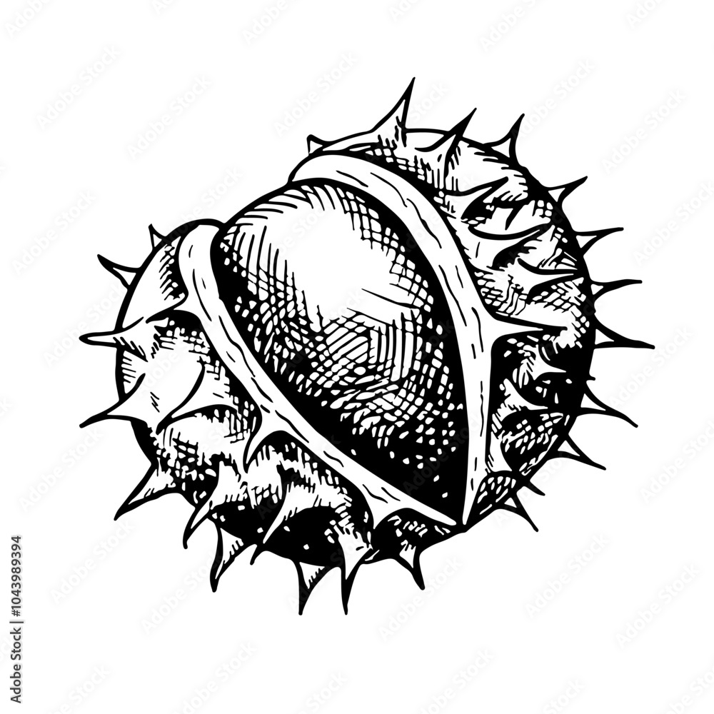 Fototapeta premium Chestnut. Vector graphics depicting the fruit of a ripe chestnut tree. A black and white hand-drawn illustration. On a white background. Great for labels, covers, flyers and packages.