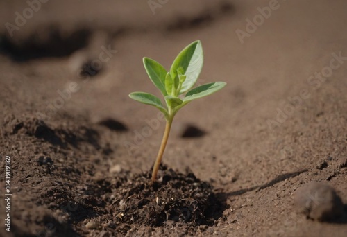 Young seedling with green leaves sprouting from the soil, isolated on white background