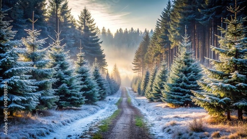 Cold winter morning in Abies sachalinensis forest with leading lines photo