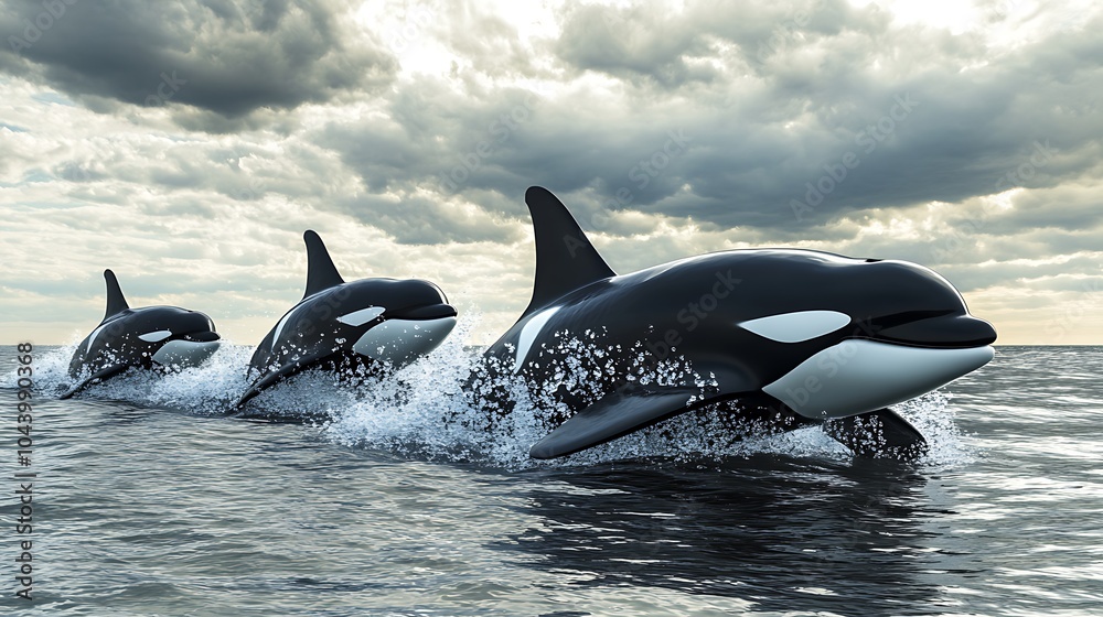 Fototapeta premium Three Orcas Swimming in the Ocean.
