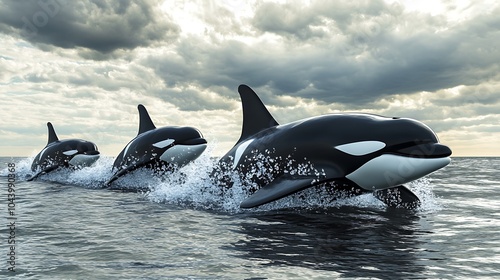 Three Orcas Swimming in the Ocean.