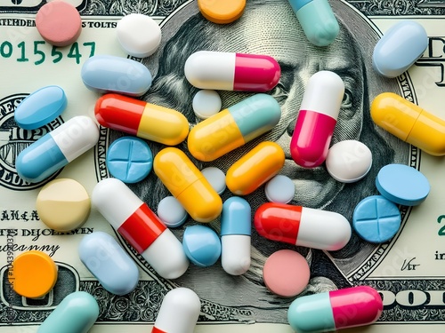 Medical costs and treatment expenses with colorful pills and capsules on US dollar bill for health insurance concept, private medical insurance costs and rising medical expenses