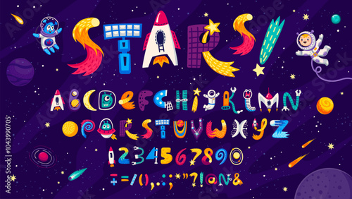 Cartoon space font, galaxy typeface, universe type, kids english alphabet characters vector typography. Space rocket, alien UFO, astronaut, spaceship letters and numbers font, starry galaxy background