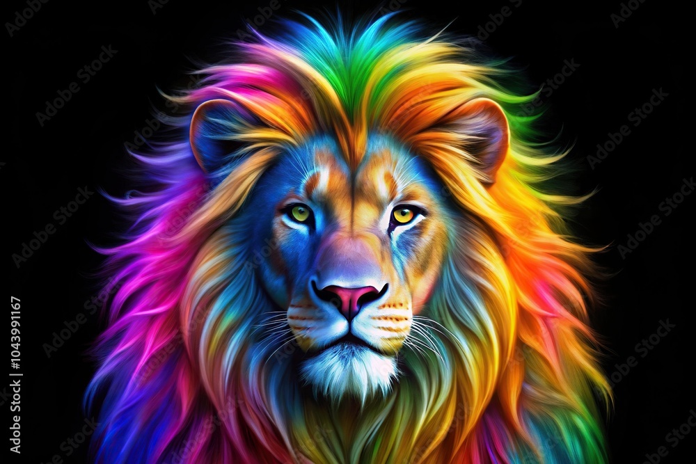 Colorful abstract art of a lion in a rainbow palette on a black background Colorful abstract art of a lion in a rainbow palette on a black background