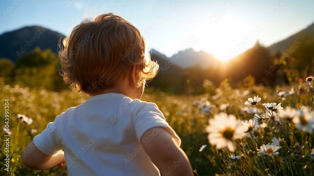 Little boy in a white shirt walks through a field of flowers towards the setting sun. Little boy in a white shirt walks through a field of flowers towards the setting sun.