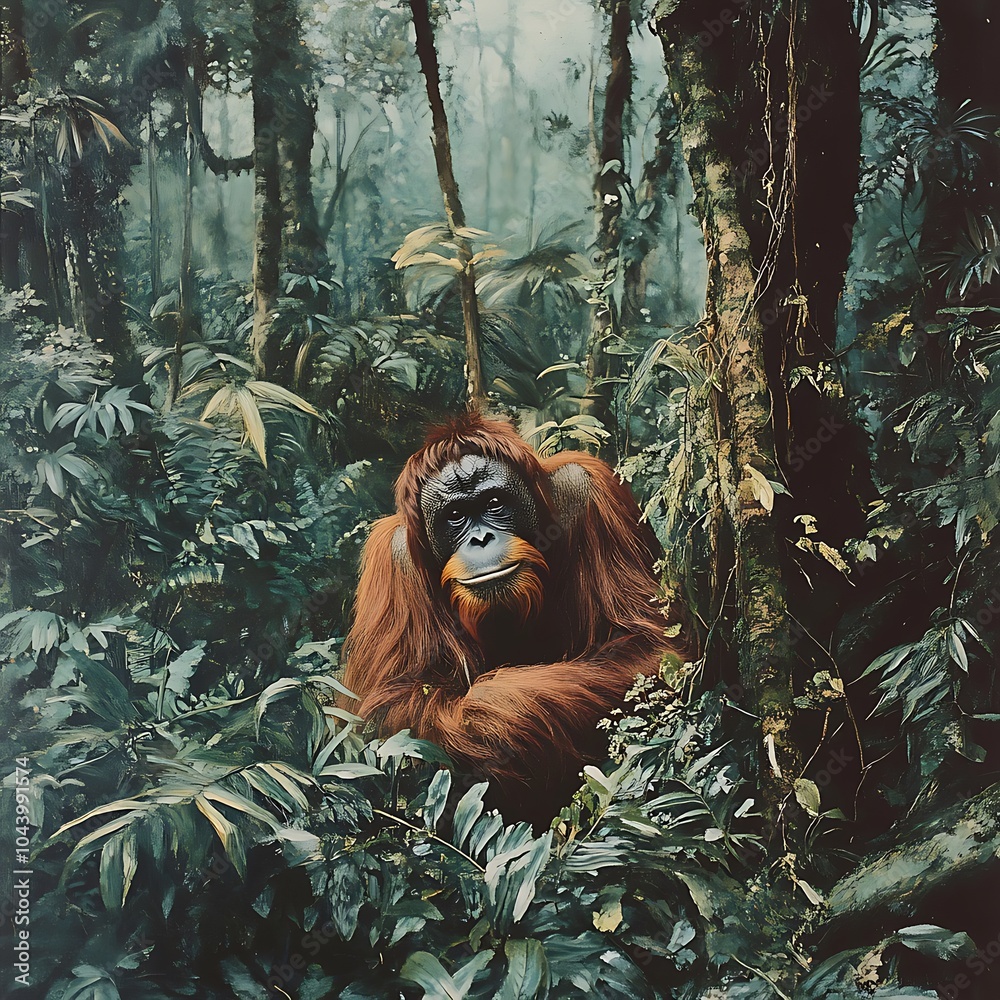 Obraz premium Rare Sumatran orangutans dwelling in thick tropical rainforest environments