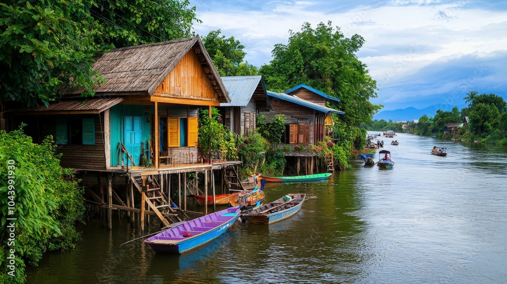 Traditional Thai Wooden Houses on Stilts by Water Traditional Thai Wooden Houses on Stilts by Water