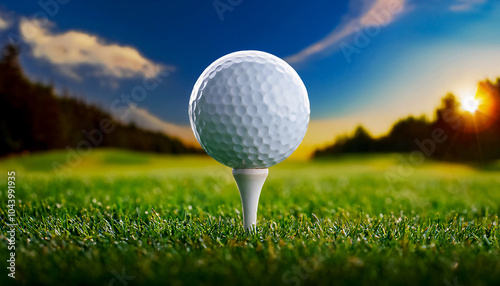 Сlose up of a white golf ball positioned on a tee on the golf course photo